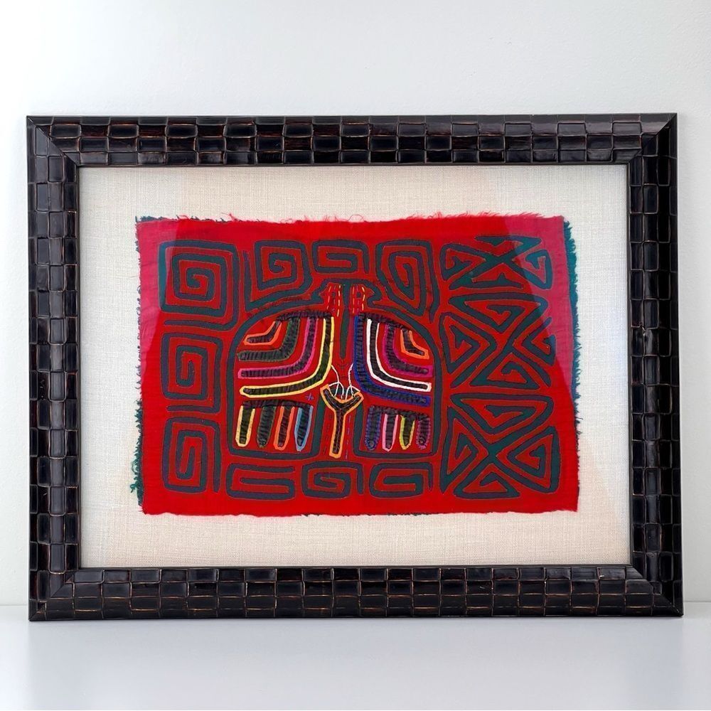 Vintage 1970s Panama Kuna Mola Indian Textile Tapestry Folk Art Two Birds Framed